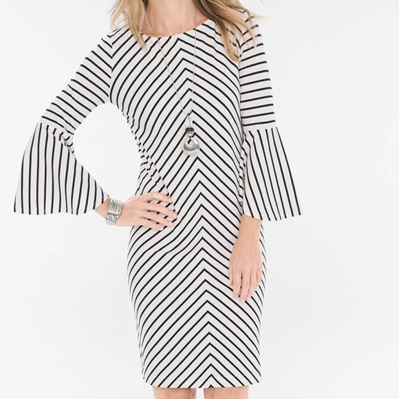 CHICO'S Black & White Striped Dress Flare Long Sleeves - Picture 2 of 11